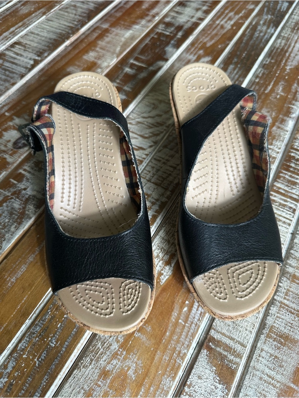 CROCS Black Slingback Comfort Sandals with Tan Footbed